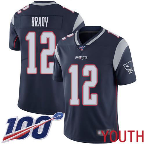 New England Patriots Football #12 Vapor Untouchable 100th Season Limited Navy Blue Youth Tom Brady Home NFL Jersey->new england patriots->NFL Jersey